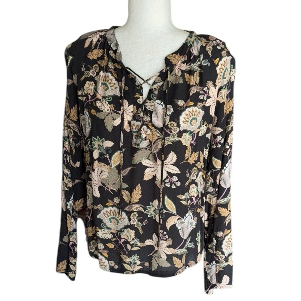 Maven West Black Floral Print Lace Up Tie Neck Blouse - M